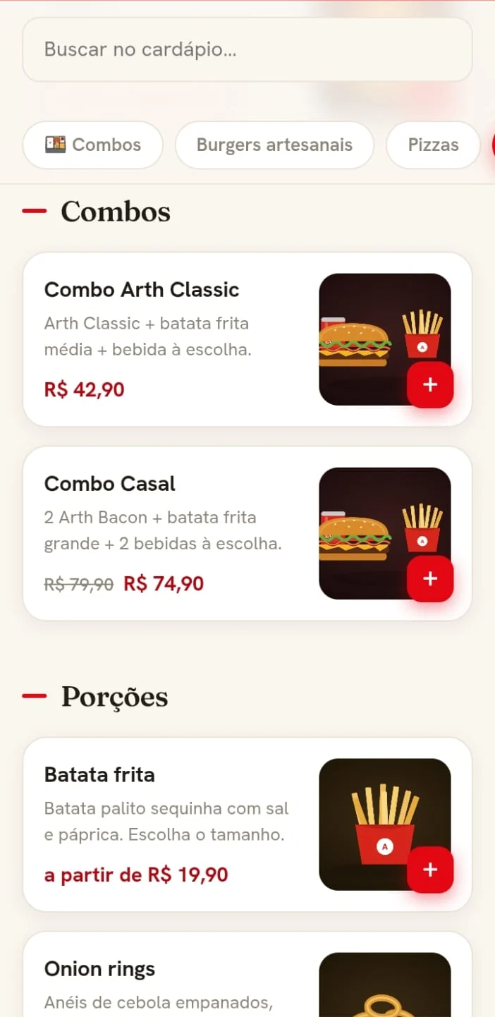 Cardápio digital do GRV Delivery no celular do cliente, com combos e porções