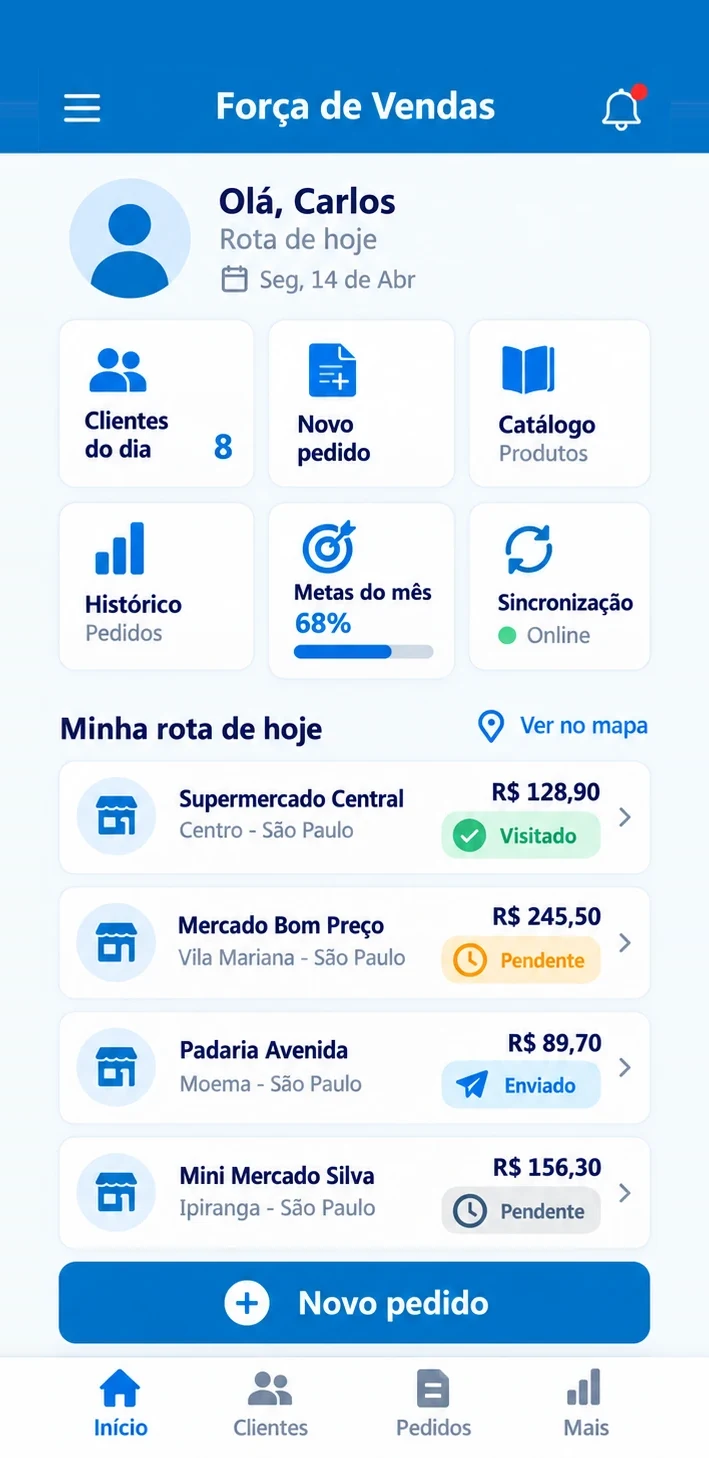 Aplicativo GRV Força de Vendas no celular: rota de hoje do vendedor, clientes do dia, metas do mês e o botão Novo pedido