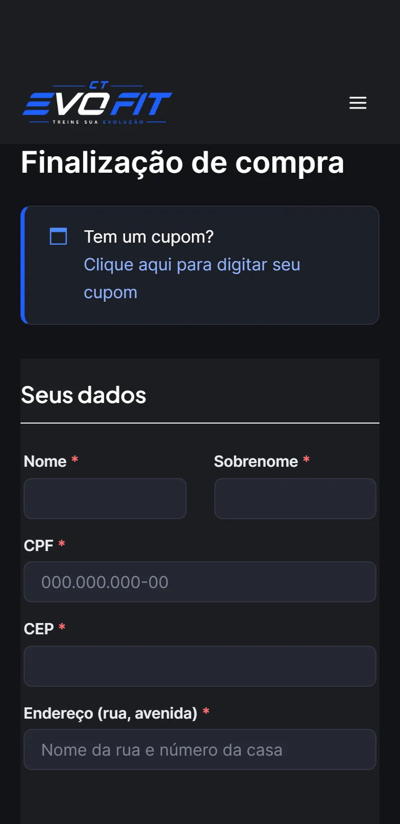 Matrícula online do CT EvoFit no celular: finalização da compra do plano, com o formulário para o aluno preencher nome, CPF e endereço