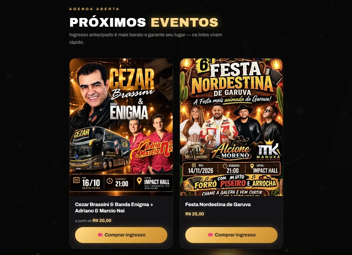 Agenda de próximos eventos no site do Impact Hall, com o preço de cada ingresso e o botão Comprar ingresso