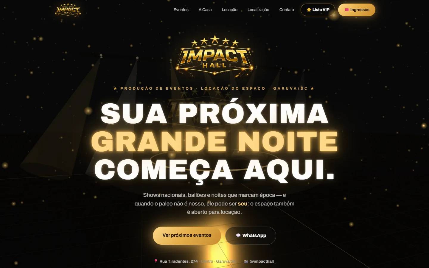 Página inicial do site do Impact Hall, com o menu de eventos e ingressos e o botão Ver próximos eventos