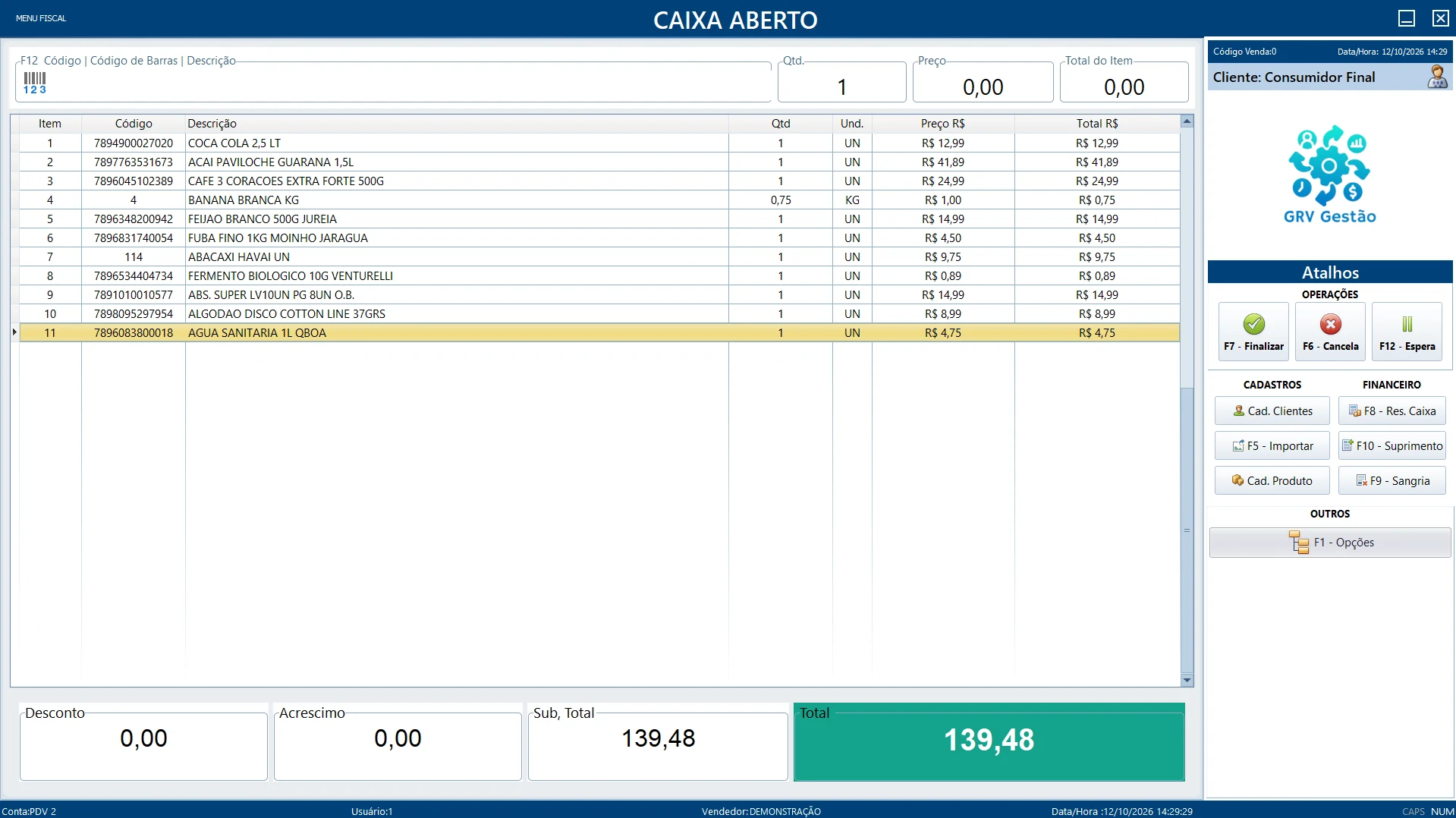Frente de caixa (PDV) do GRV Gestão com uma venda aberta: itens lidos pelo código de barras, total da venda e os atalhos para finalizar, cancelar, sangria e suprimento