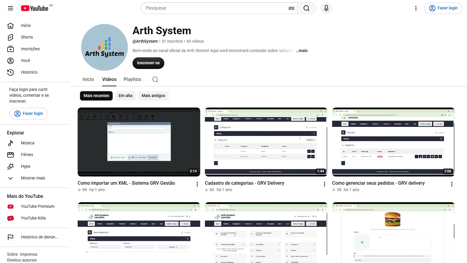 Canal da Arth System no YouTube, com os vídeos de treinamento do GRV Gestão e do GRV Delivery