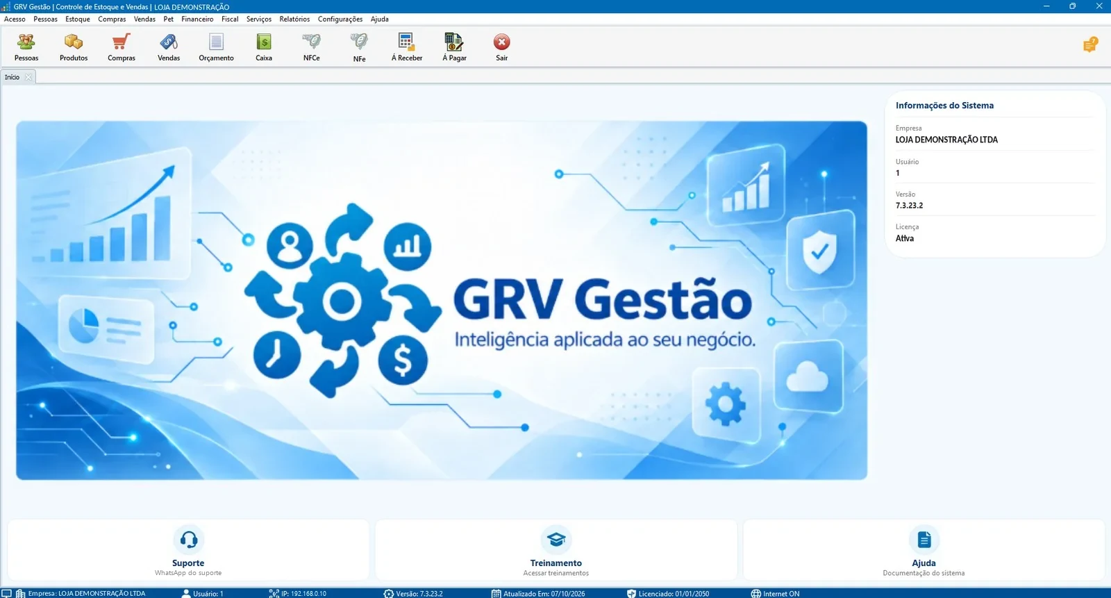 Retaguarda do GRV Gestão: tela inicial com o menu de vendas, caixa, estoque, financeiro e notas
